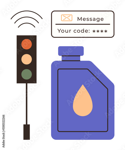 Traffic light emitting signals, secure message with code, purple liquid container. Ideal for safety, communication, alerts, traffic systems, energy technology coding. Clean flat metaphor