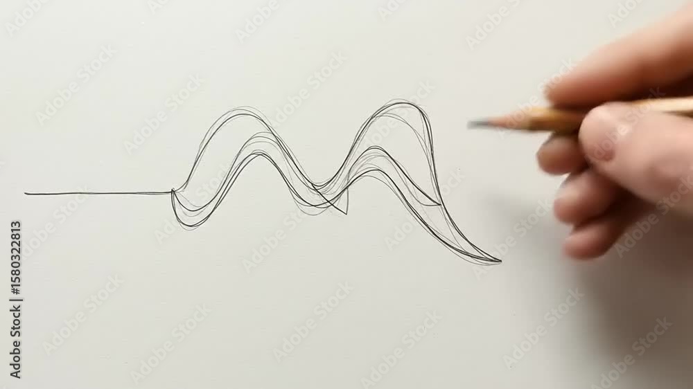 Hand sketching a wavy line on blank paper, showcasing artistic creativity and drawing techniques