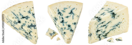 a collection of gourmet french roquefort cheese wedges with blue veins