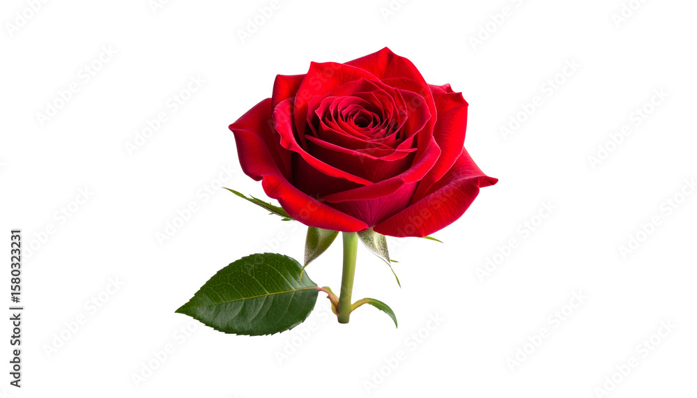 Naklejka premium Single red rose with velvety petals and green stem. Isolated on a white background png