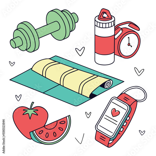 Colorful set of fitness icons including dumbbell, water bottle, yoga mat, fruit, smartwatch, and alarm clock. Ideal for health, exercise, or wellness designs.