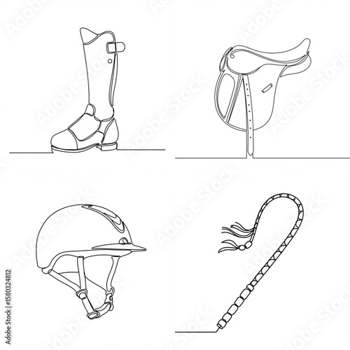 Equestrian accessories including gaiters, saddle, helmet, and whip  