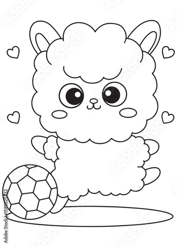 Wallpaper Mural Coloring book Alpaca kicking a soccer ball with hearts around Torontodigital.ca