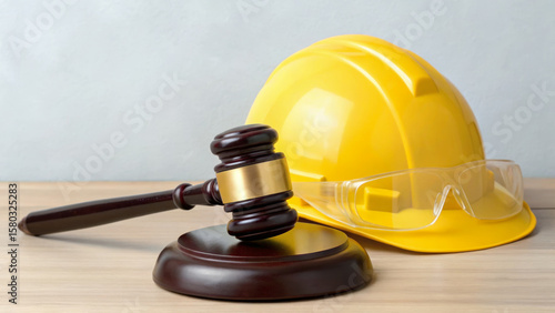 Employment labor law. Gavel hard hat safety glasses law employment labor workplace protection compliance regulation