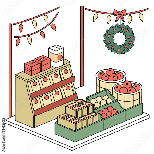 Charming isometric illustration of a festive market stall decorated with christmas lights and a wreath displaying fresh apples and packaged goods for sale