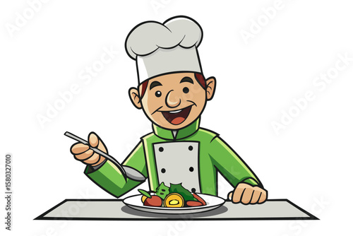 Joyful cartoon chef in green uniform tasting delicious food from a plate with a spoon