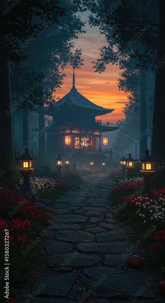 Fototapeta premium A misty, flower-lined forest path leads to a glowing ancient Japanese temple, rendered in cinematic detail.