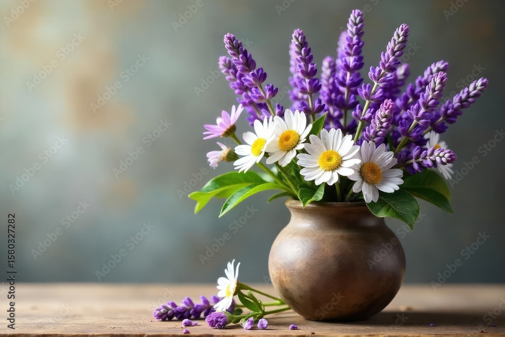Serene Lavender and Chamomile Floral Arrangement in Rustic Vase Spa, Wellness, Aromatherapy Concept Serene Lavender and Chamomile Floral Arrangement in Rustic Vase Spa, Wellness, Aromatherapy Concept