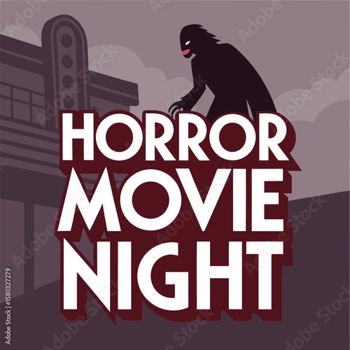 Spooky silhouette of a monster perched atop a building with glowing eyes and tongue advertising a thrilling horror movie night event