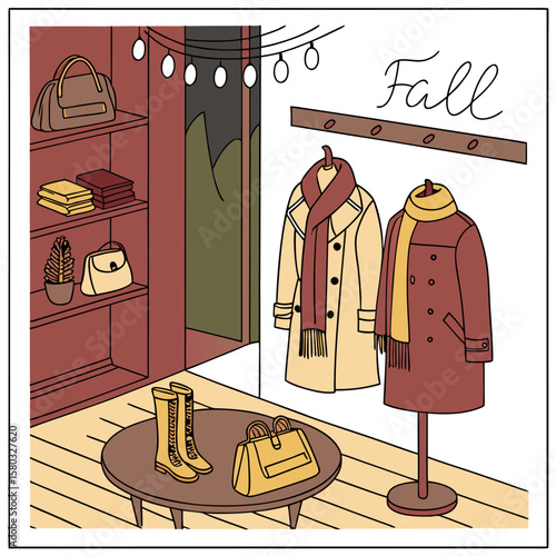 Cozy autumn fashion display featuring stylish coats with scarves handbags boots and books on shelves illuminated by decorative string lights