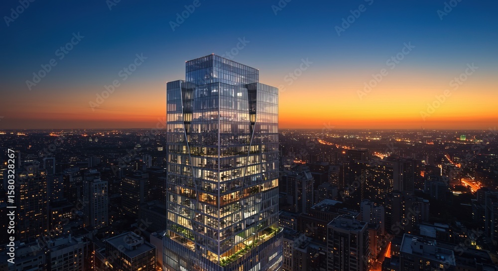 Obraz premium Striking modern architecture showcases a high rise building against a beautiful vibrant sunset cityscape