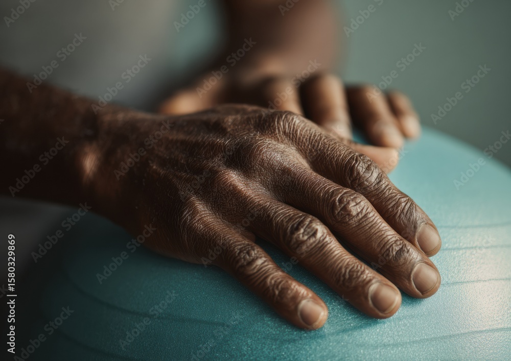 Fototapeta premium Senior Adult Hands on Pastel Pilates Ball — Inclusive Fitness and Gentle Movement for Healthy Aging, Stability Training, and Mindful Wellness in Soft Neutral Setting