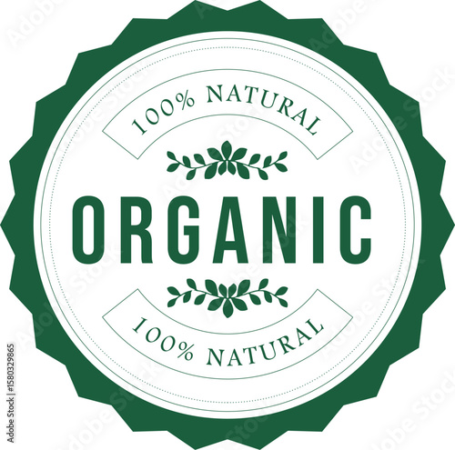 An organic label features hundred percent natural text with a green round sticker for food or product certification.