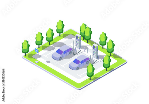 Cartoon Color Electrocar and Electro Vehicle Charging Station Electric City Transportation Concept 3d Isometric View. Vector illustration