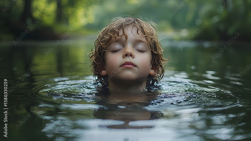 Fototapeta premium A serene child floating in a tranquil pond lost in meditative contemplation
