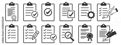 Document icons set. Checklist, certificate, clipboard, contract, paper sheet, resume, written page, scroll with text and signature. Flat vector style on transparent background.