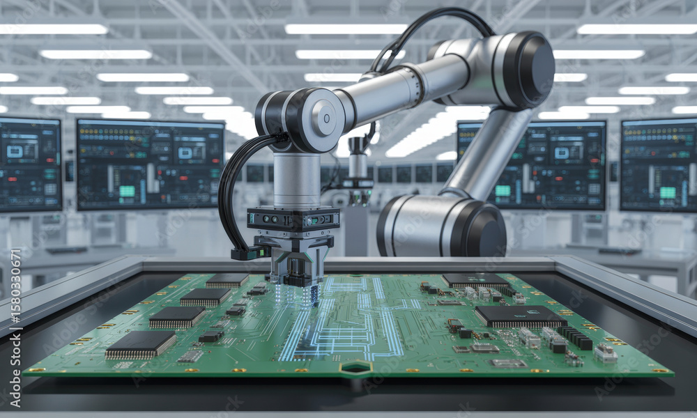 Fototapeta premium Automated robotic arm assembling circuit board in high tech electronics factory