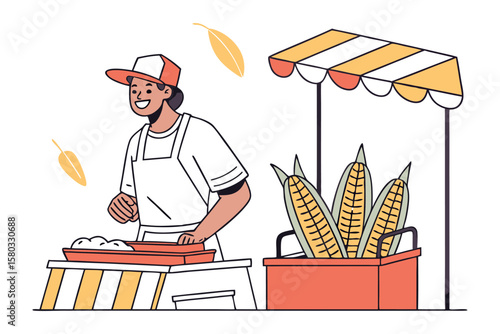 Smiling vendor at a colorful stall serving fresh corn on the cob and other treats with a cheerful demeanor