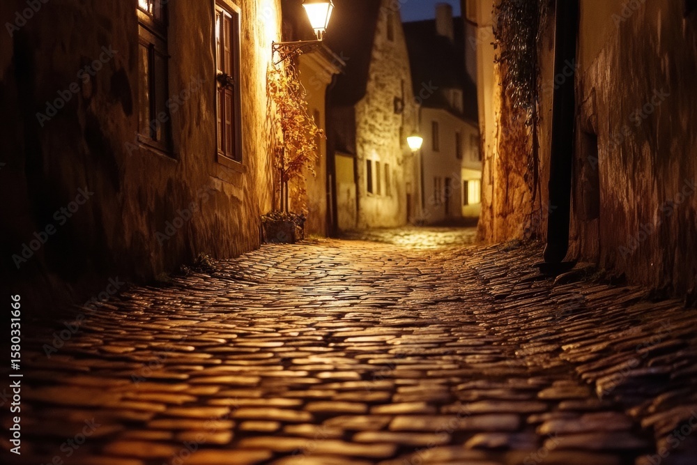 Naklejka premium Hazy street corner lit by vintage lamp at night