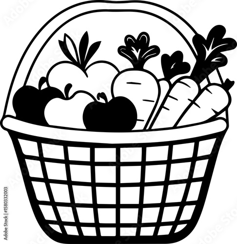 Fruit and vegetables in a basket, SVG with clean lines.Fresh Fruits and Vegetables in a Woven Basket Design