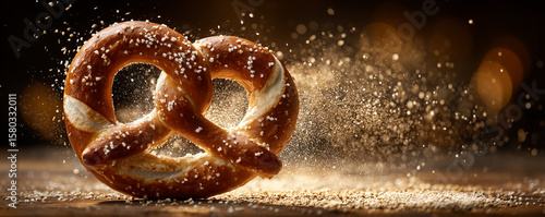 Soft pretzel gracefully receiving a shower of coarse salt in mid air against a warm backdrop