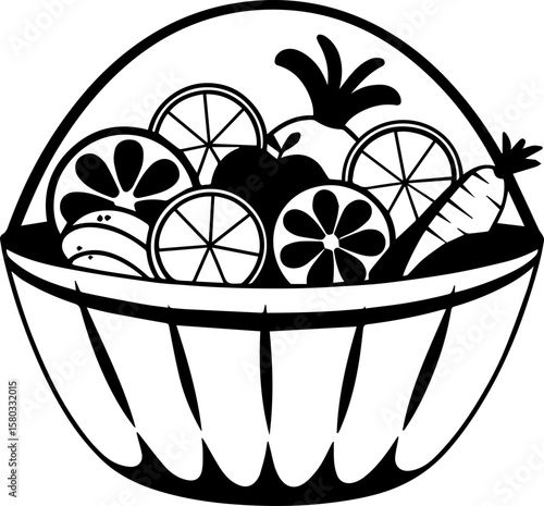 Fruit and vegetables in a basket, SVG with clean lines.Black and White Sketch of a Fruit and Vegetable Basket