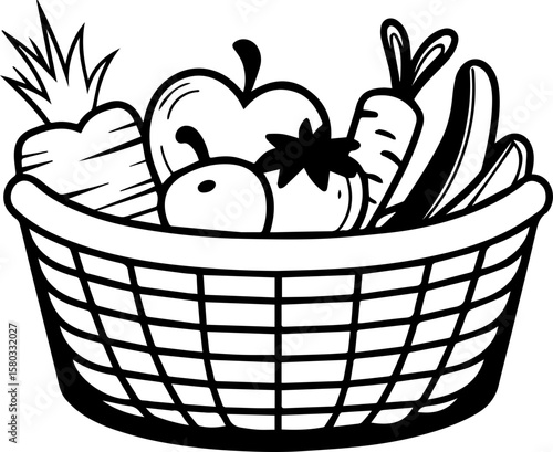 Fruit and vegetables in a basket, SVG with clean lines.Fresh Fruits and Vegetables in a Garden Basket Design