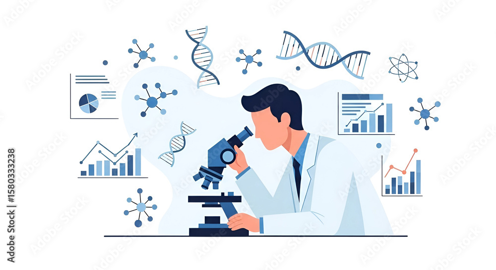 A scientist in a lab coat is using a microscope surrounded by dna strands and data charts A scientist in a lab coat is using a microscope surrounded by dna strands and data charts