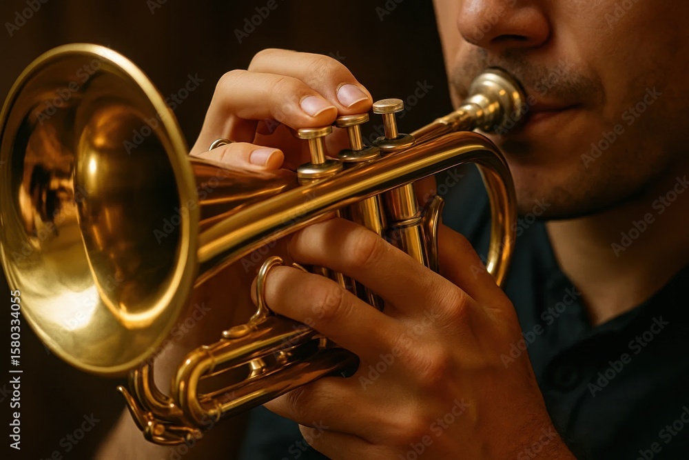 Obraz premium An intimate moment of musical expression captured as a musician deeply immersed in playing his trumpet