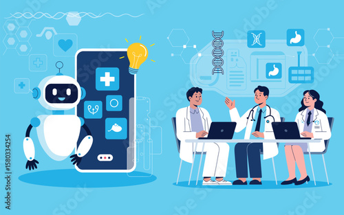 Healthcare Technology Concept-Robot and Smartphone with Medical Icons Collaborate with Healthcare Professionals in Modern Conference Setting Featuring Digital Interface and Medical Data Visualization