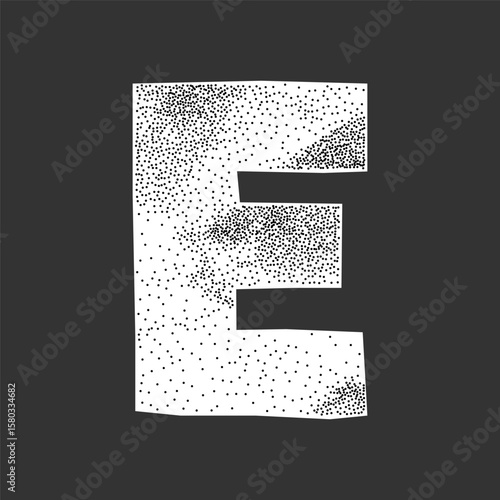 Hand cut letter E with gritty stipple texture. Crumpled notebook paper with halftone shading, ransom note style and retro school vibe.