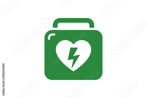 Green defibrillator with heart and lightning bolt