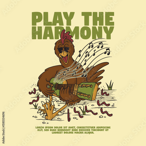 retro cartoon chicken mascot playing acoustic guitar in front of worms
