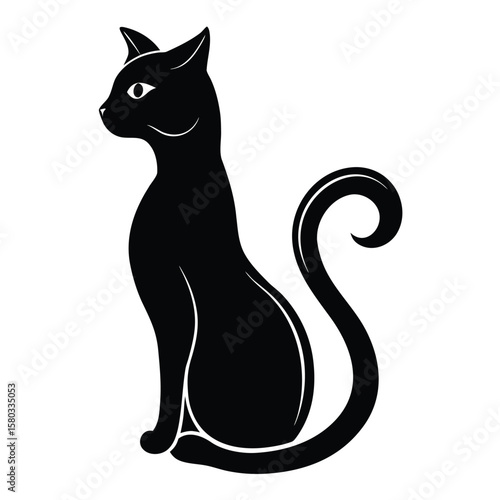 Elegant Black Cat Silhouette Illustration Sitting Calmly with Curled Tail Design