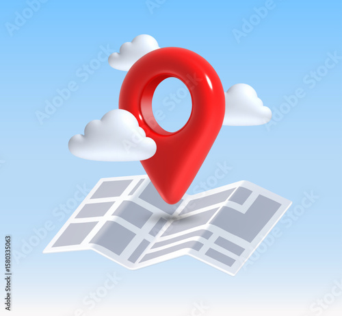 3d location red pin with map and clouds in blue sky. Realistic place marker, navigation GPS pointer. Vector travel, tourism and destination concept in 3D rendering soft style.