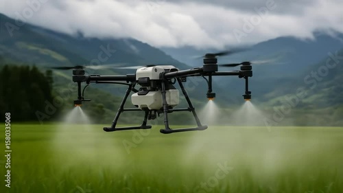 Agricultural drone spraying crops in a green field with mountain backdrop, showcasing smart farming technology and modern agriculture in action.