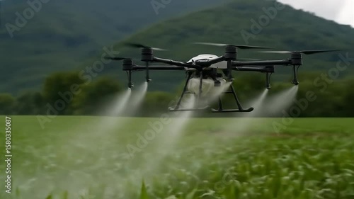 Agricultural drone flying over a lush cornfield, spraying crops with precision in a mountain landscape. Modern smart farming technology in use.

