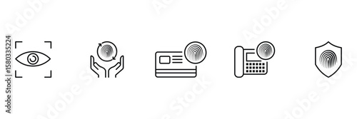 Biometric security identity protection fingerprint verification system scan shield access recognition card eye authentication icon set vector illustration.
