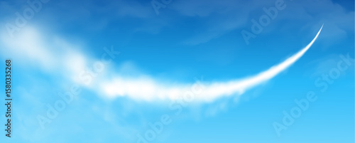 Jet plane smoke trail in blue sky. Airplane condensation trail, rocket or missile white trace in air. Aircraft flight in heaven. Airline travel banner. Vector concept.