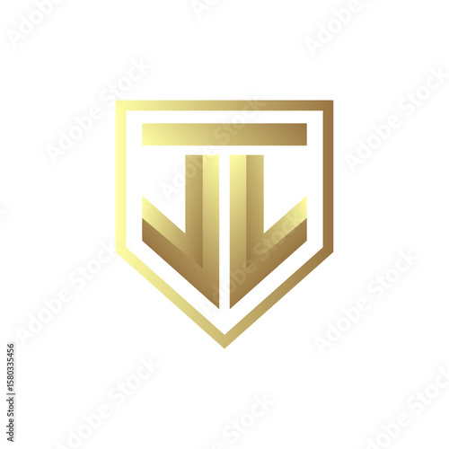 A striking golden shield logo with abstract, angular shapes forming stylized letters "T" and "J" or arrows, conveying protection, strength, and premium quality