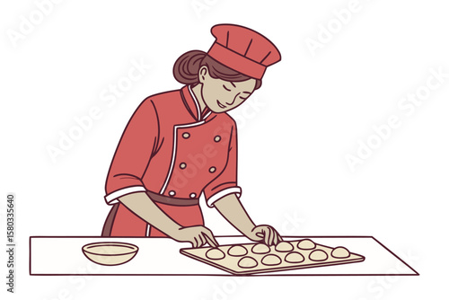 A cheerful female chef in a red uniform carefully places dough balls onto a baking sheet for baking