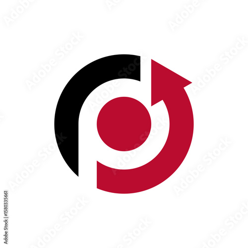 A circular logo with a red central circle, partially surrounded by black and red curved shapes with an arrow, creating a sense of dynamic motion