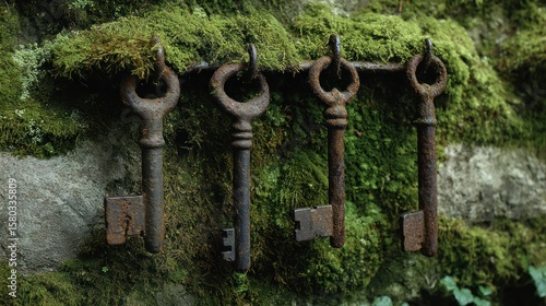 Rusty keys hanging on a mossy stone wall