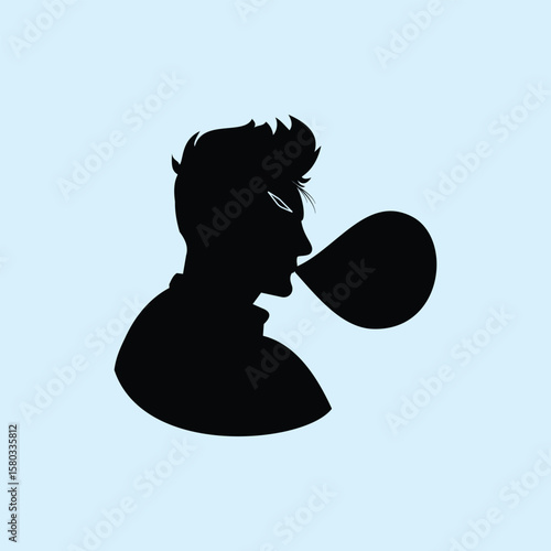 A silhouette illustration of a man blowing up a bubble gum balloon against a light blue background. This image showcases a relaxed style and free expression in a modern, minimalist setting.