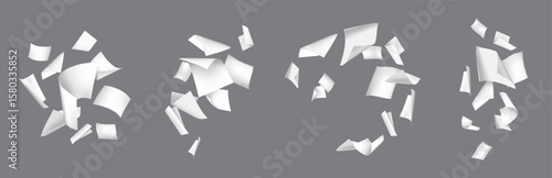 Flying white paper sheets. Blank paper groups chaotic floating in air. 3D realistic throwing office document, notebook pages blowing, scatter file sheets. Vector mockups.