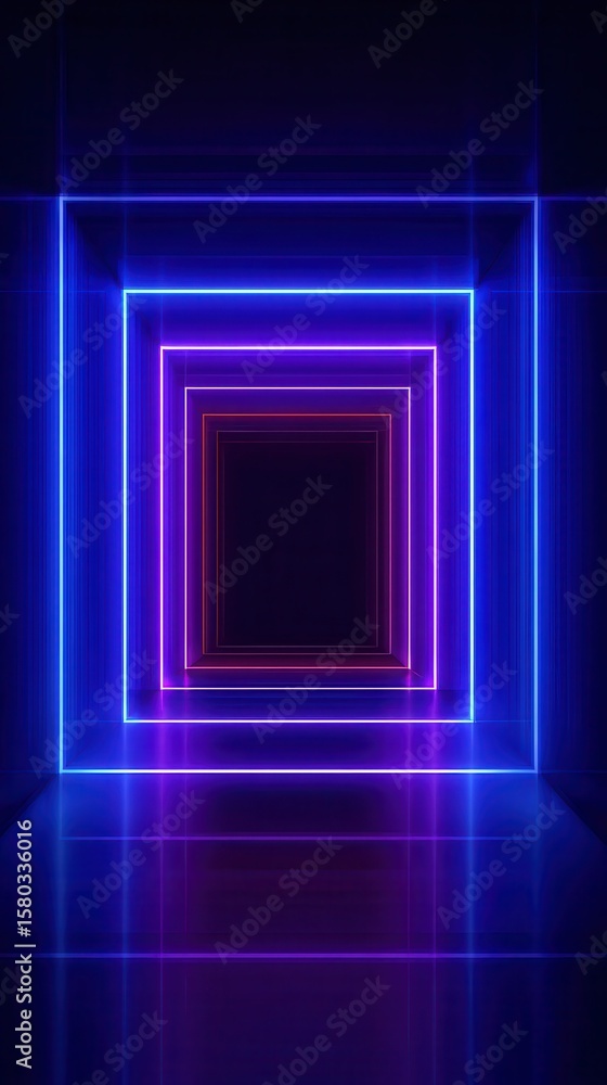 Abstract neon tunnel background with glowing lines, a futuristic technology concept. Vector illustration of a dark room illuminated by blue and purple light tubes. Glowing. Abstract neon tunnel background with glowing lines, a futuristic technology concept. Vector illustration of a dark room illuminated by blue and purple light tubes. Glowing.
