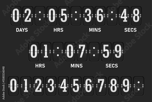 Flip countdown clock. Calendar counter with day, hour and minute, second, timer for sports scoreboard, terminal, mechanic arrival board retro element. Vector isolated set.