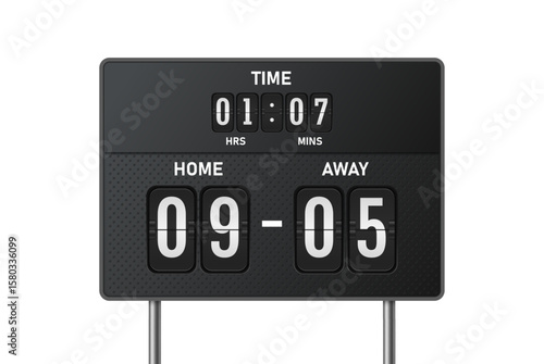 Scoreboard. Electronic sport display with goal score and countdown timer for soccer, football match on stadium. 3D realistic sports scoreboard vector illustration isolated.