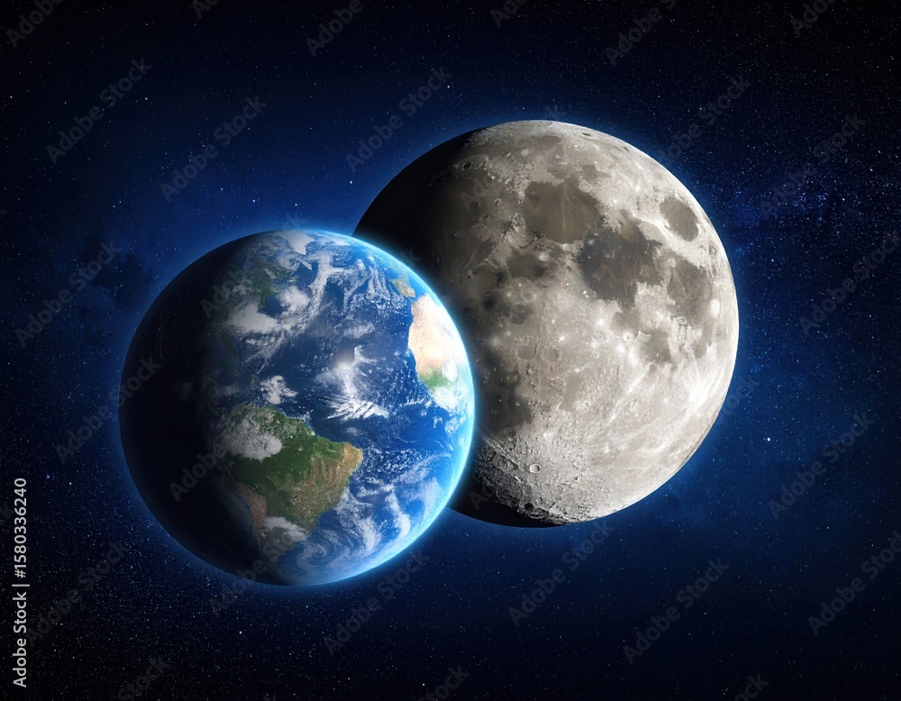 Naklejka premium Earth and moon in space with detailed surface features and starry background