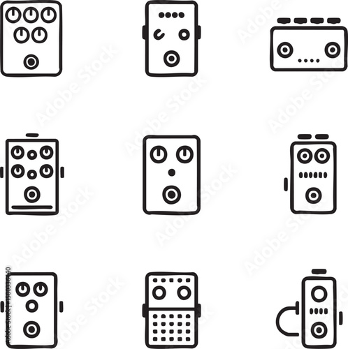 Black and white line art icon set of various guitar effect pedals guitar pedal stompbox